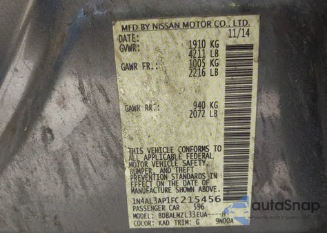 2015 Nissan Altima 2.5 Sv from USA, damaged, VIN 1N4AL3AP1FC215456